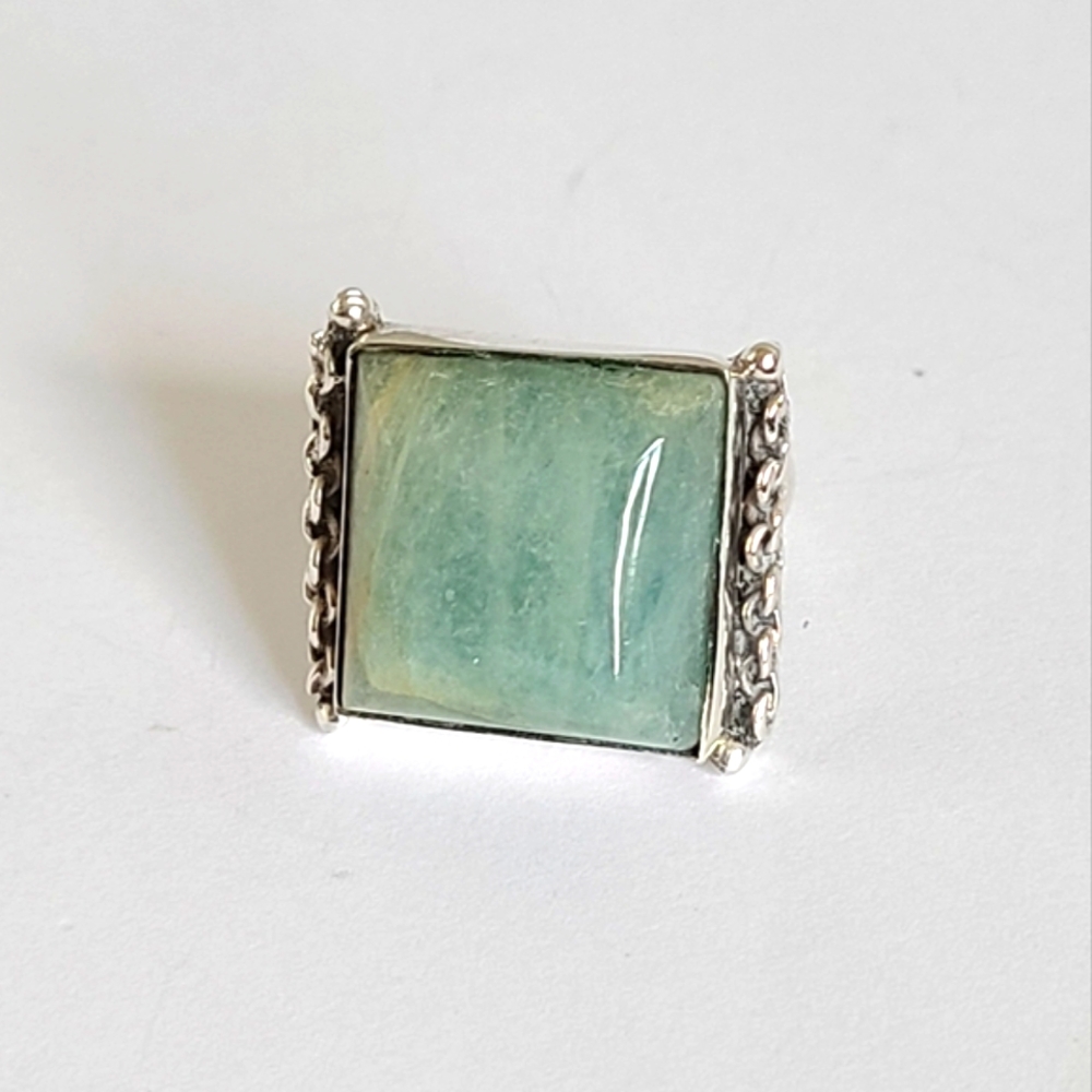 Vintage Boho Amazonite Gemstone Sterling Silver Chunky Square Cabochon Ring